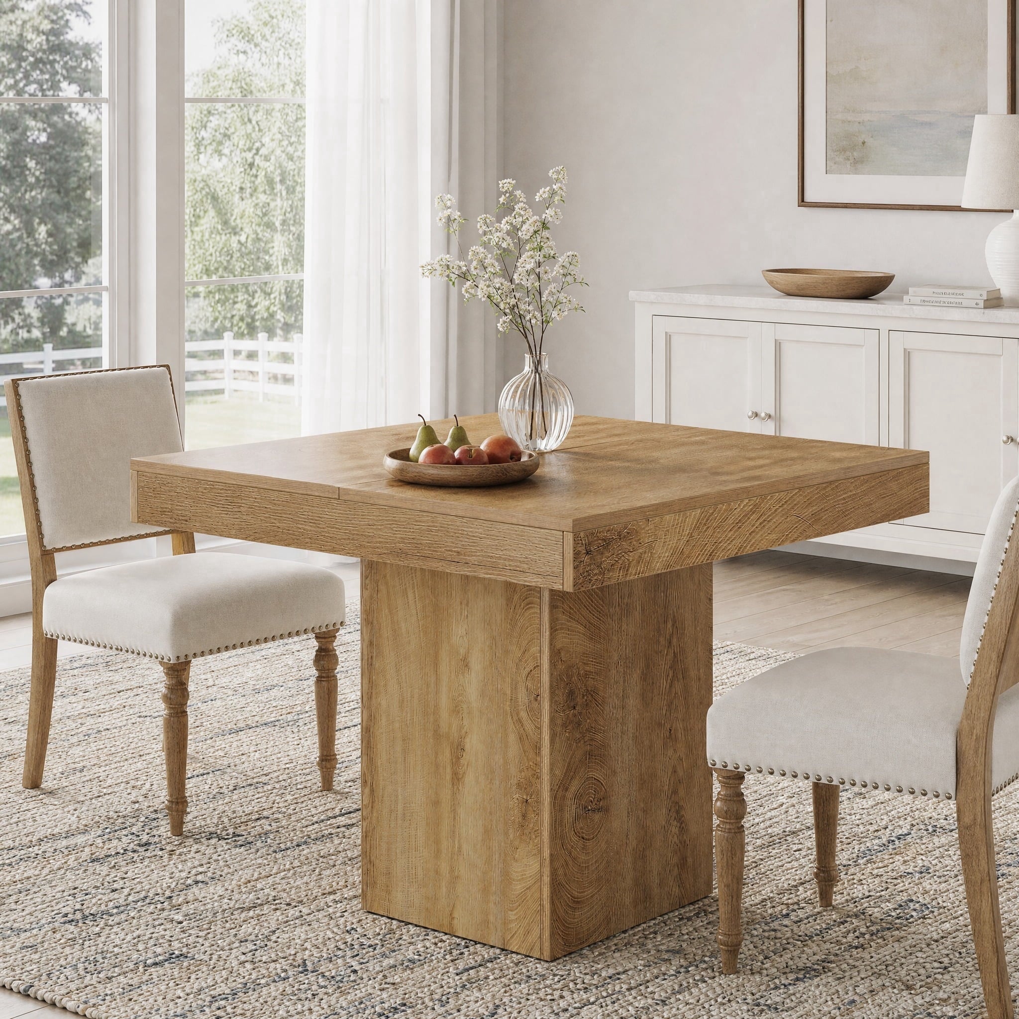 Fnova 39" Small Square Dining Table for 4, Farmhouse Kitchen Table with Sturdy Pedestal Base for Dining Room, Kitchen, Apartments, Light Brown