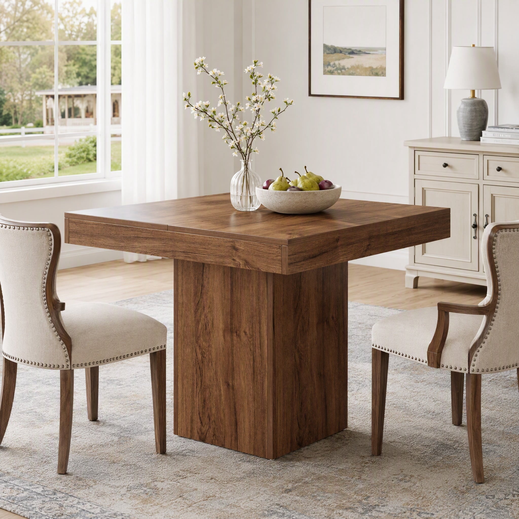 Fnova 39" Small Square Dining Table for 4, Wooden Kitchen Dinner Eating Table with Sturdy Pedestal Base for Dining Room, Kitchen, Apartments, Rustic Brown