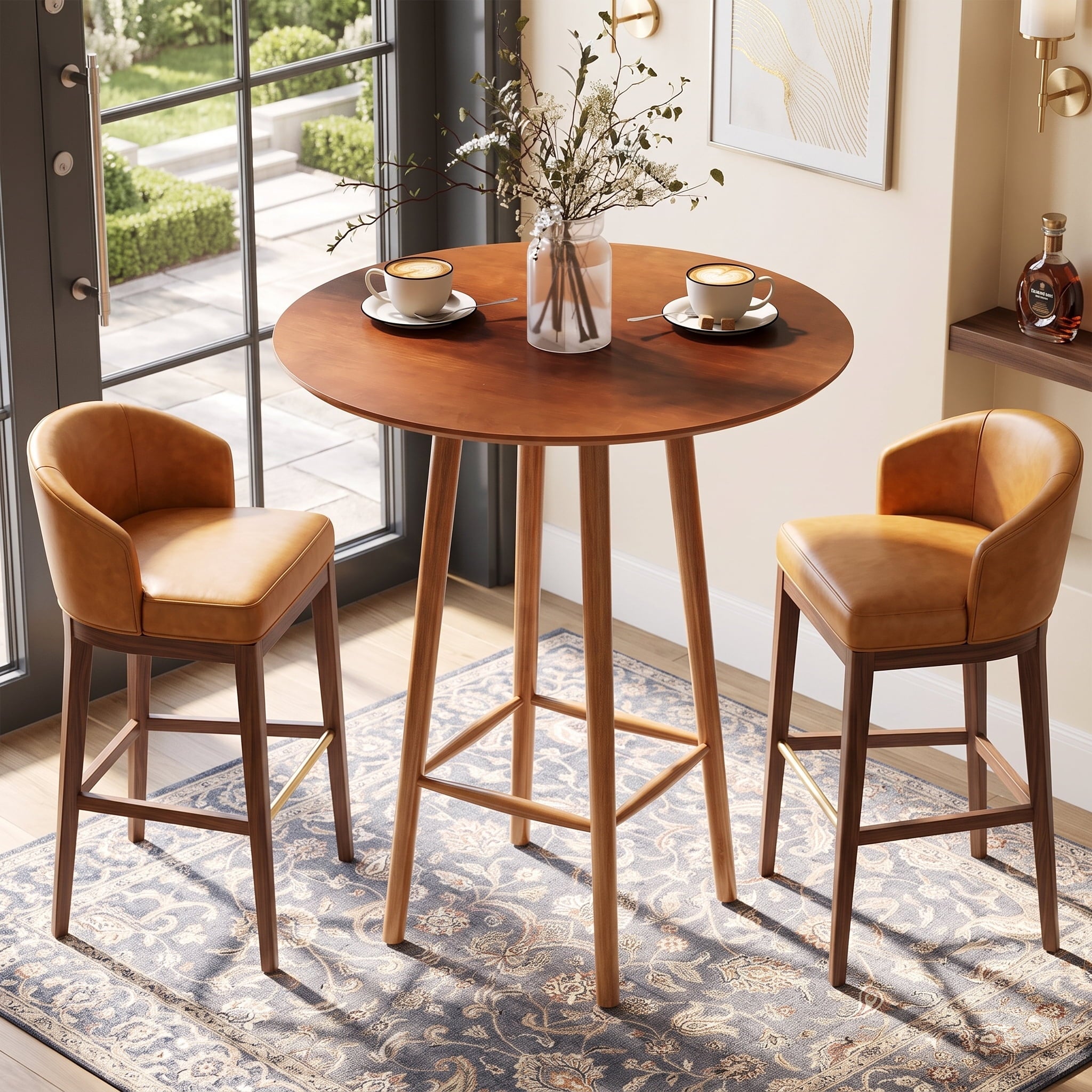 Fnova 39" Solid Wood Bar Table, Farmhouse Round Bistro Table for Living Room, Dining Room, Small Space, Brown