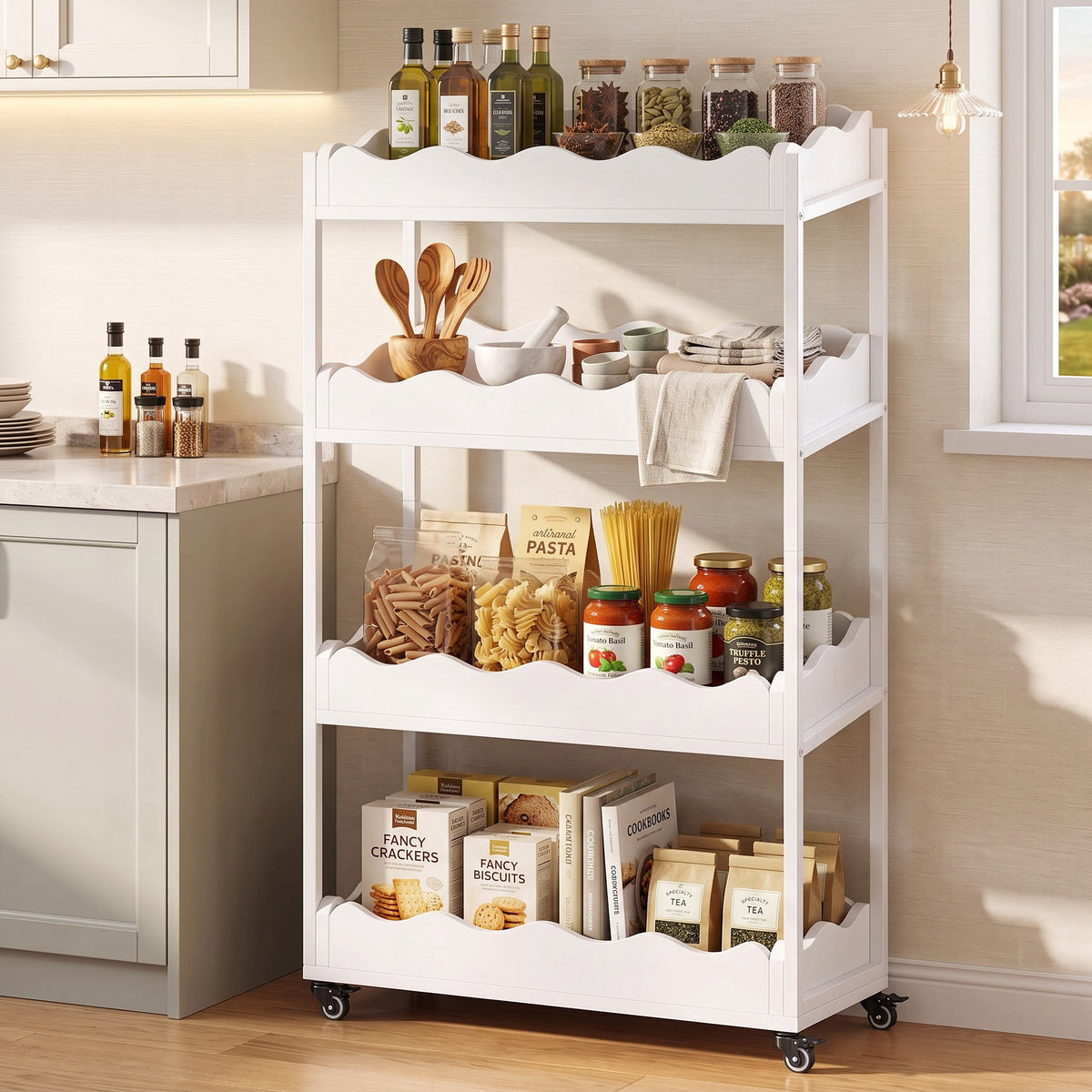 Fnova 4-Tier Fruit and Vegetable Storage Rack with Wheels, 55.12" H Rolling Produce Stand, Kitchen Pantry Storage Shelf with Locking Casters, Snack Organizer for Home, Office, Store, White