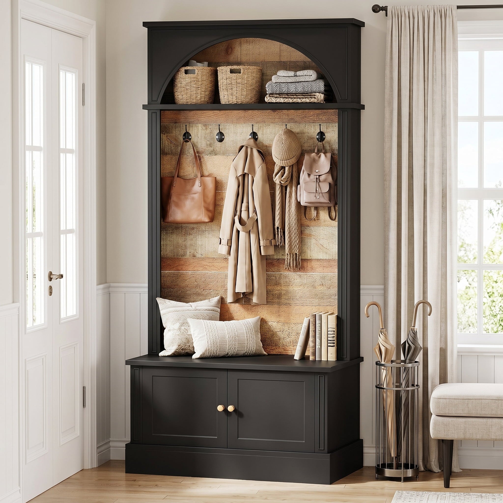 Fnova 4-in-1 Hall Tree and Shoe Cabinet, Coat Rack with Storage Bench, Coat Hanger and Adjustable Shelves, 70.87" Farmhouse Organizer, Black