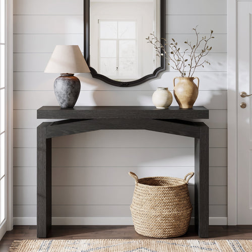 Fnova 40" Narrow Hollow-Out Console Table for Entryway, Farmhouse Wooden Sofa Console Behind Couch for Foyer, Living Room, Black