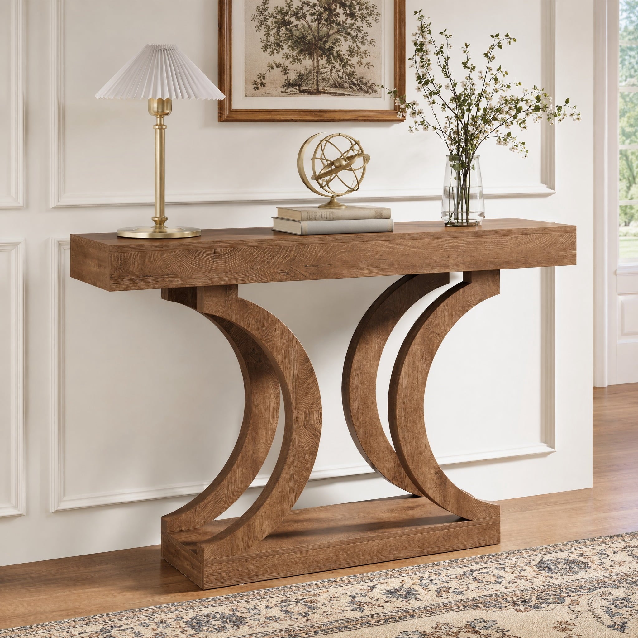 Fnova 43.31" Farmhouse Console Table with Curved Legs, Narrow Sofa Table Behind the Couch, Entryway Table for Living Room, Foyer, Rustic Brown