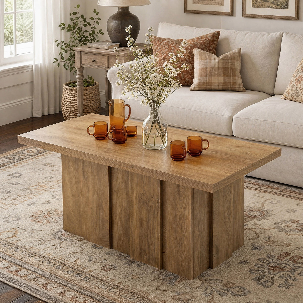 Fnova 47" Farmhouse Coffee Table with Fluted Base, Heavy Duty Rectangular Center Table for Living Room, Brown