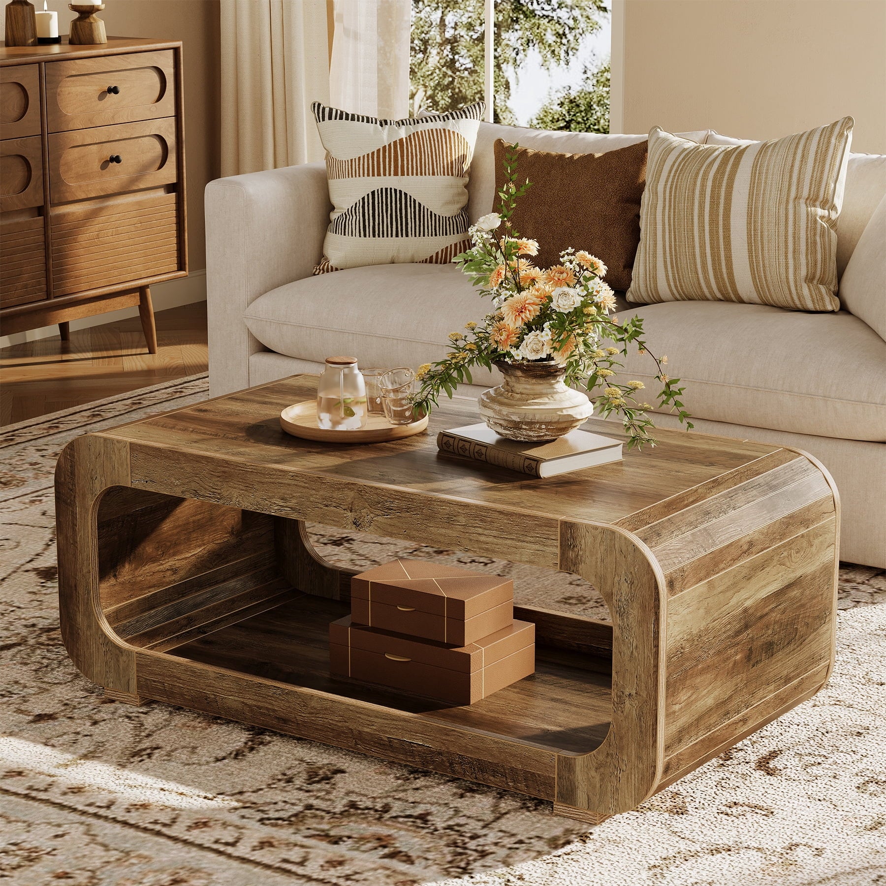 Fnova 47-Inch Farmhouse Coffee Table with 2-Tier Open Storage, Wooden Rectangular Accent Center Table, Low Cocktail Tea Table for Living Room, Home Office (Rustic Brown)