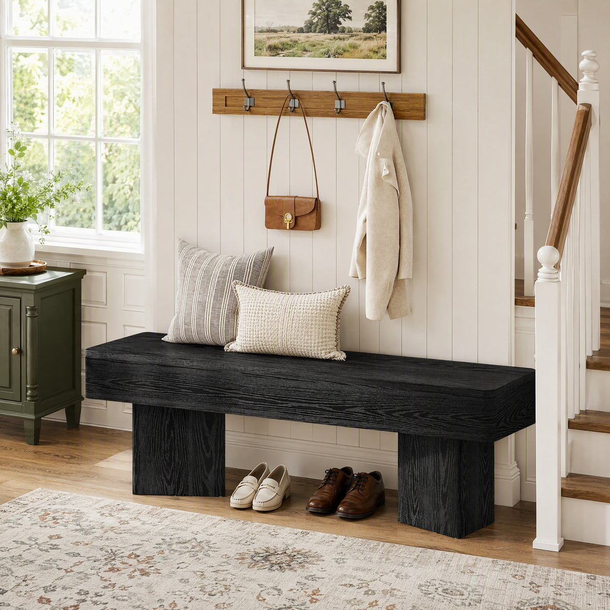 Fnova 47" Modern Entryway Bench, Wooden End of Bed for Hallway, Mudroom, Living Room, Black