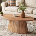 Fnova 47" Oval Center Table with Polygonal Pedestal, Modern Coffee Table for Living Room, Child-Friendly, Easy Assembly, Light Reddish Brown