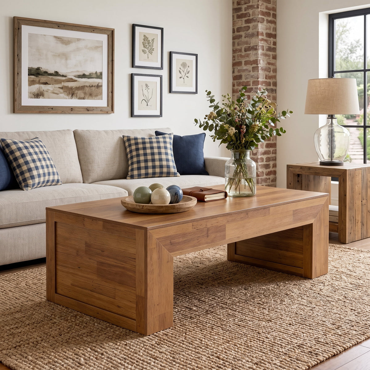 Fnova 47" Rectangular Coffee Table, Farmhouse Wooden Center Table with Thick Base, Rustic Brown Accent Table for Living Room