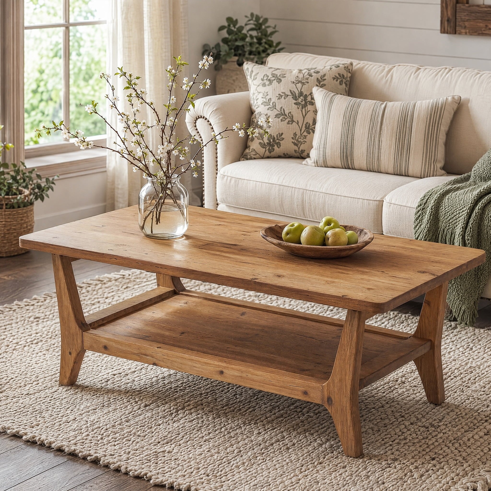 Fnova 47" Solid Wood Coffee Table, 2-Tier Center Table with Storage Shelf, Rectangular Tea Table for Small Space Apartment Office, Brown