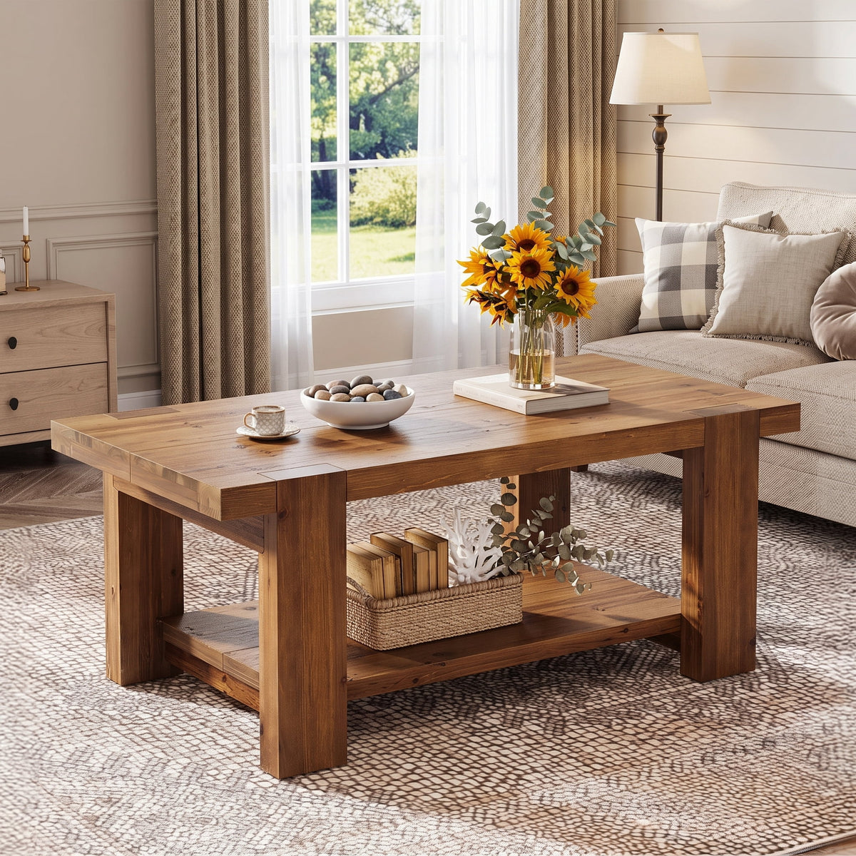 Fnova 47" Solid Wood Coffee Table, Farmhouse Rectangular Center Table with 2-Tier Storage Shelf, Rustic Brown Living Room Table, 350 lb Capacity