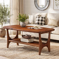 Fnova 47" Solid Wood Coffee Table, Mid-Century Modern 2-Tier Rectangle Center Table with Lower Shelf for Living Room, Walnut Brown