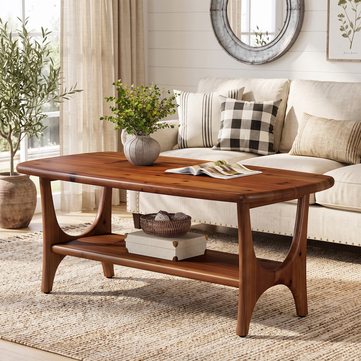 Fnova 47" Solid Wood Coffee Table, Mid-Century Modern 2-Tier Rectangle Center Table with Lower Shelf for Living Room, Walnut Brown