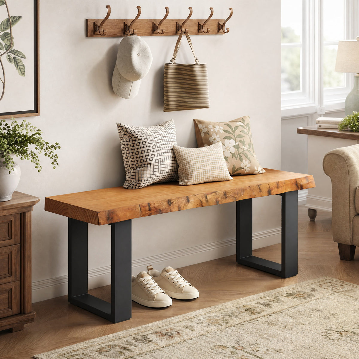 Fnova 47'' Solid Wood Entryway Bench, Industrial End of Bed Bench with Metal Legs, Easy Assembly, Brown