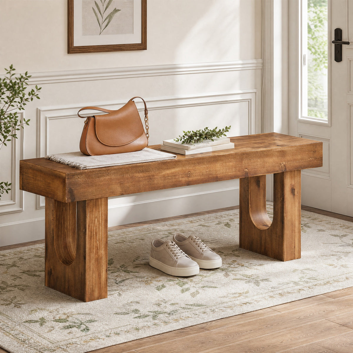 Fnova 47" Solid Wood Entryway Bench with Sturdy Legs for Bedroom, Dining Room, Easy Assembly, Brown