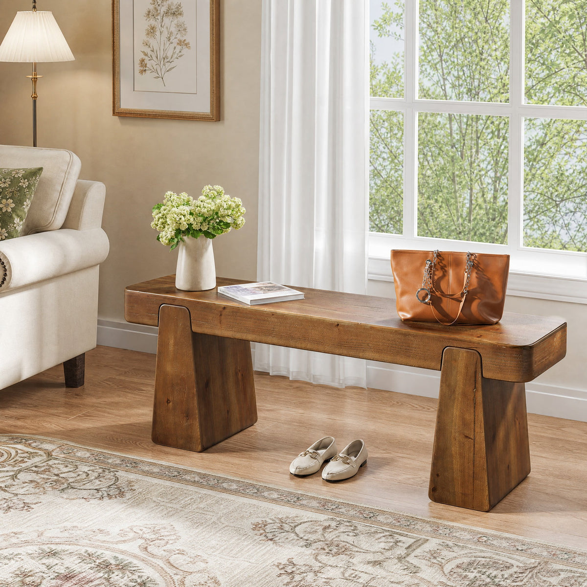 Fnova 47" Solid Wood Entryway Bench with Thickened Legs, Farmhouse End of Bed for Entry, Hallway, Brown