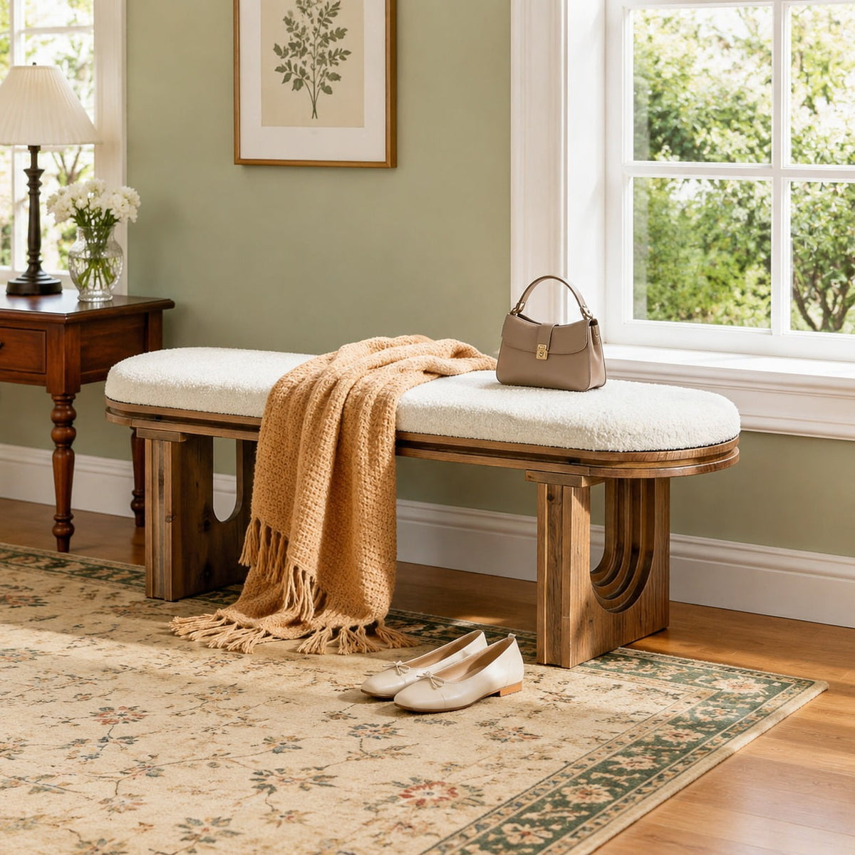 Fnova 47" Upholstered Solid Wood Bench, Farmhouse Entryway Bench for Hallway, Living Room, Brown
