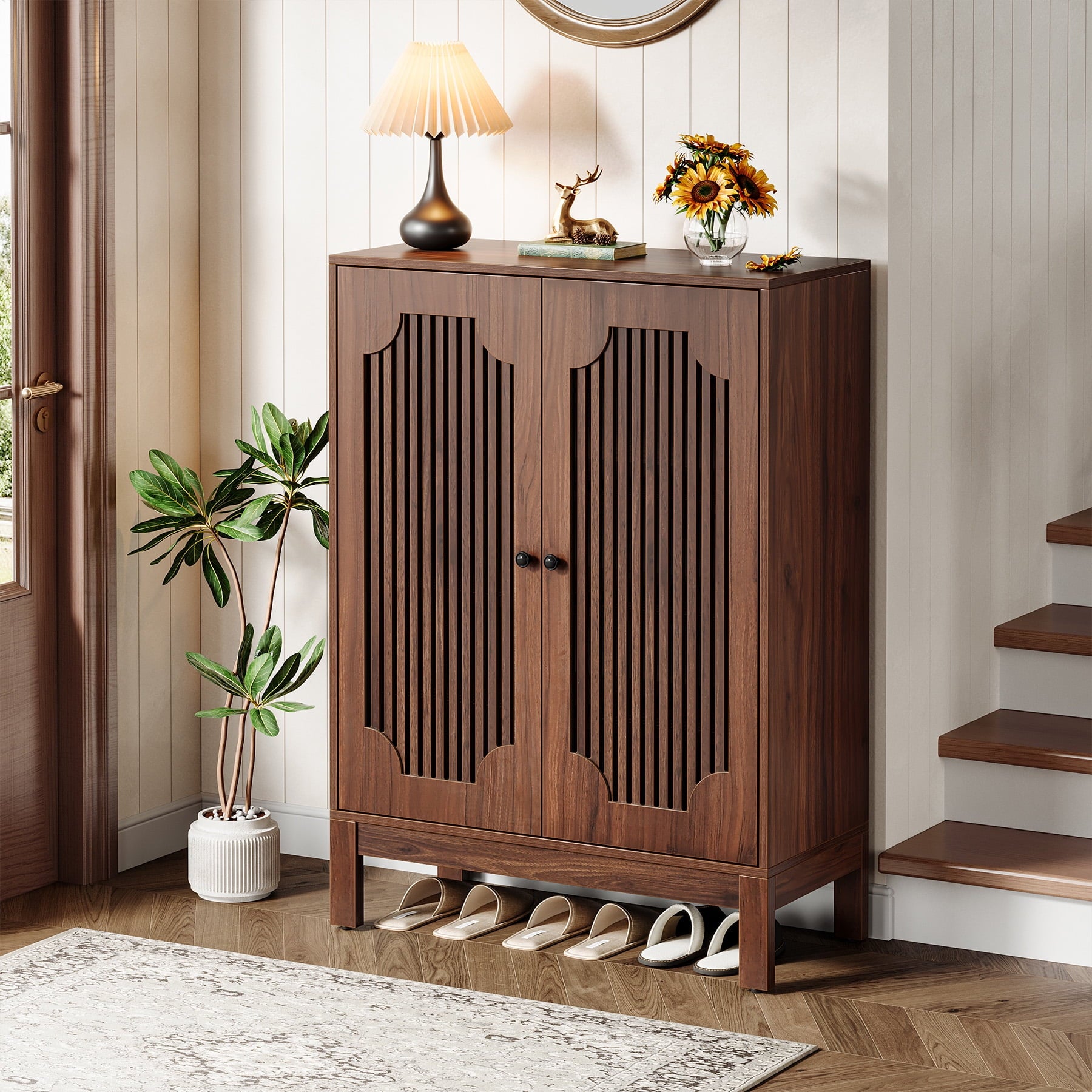 Fnova 5-Tier 20 Pairs Shoe Cabinet with Doors, Narrow Wooden Shoe Rack Organizer with Adjustable Shelves for Entryway, Hallway, Living Room, Brown
