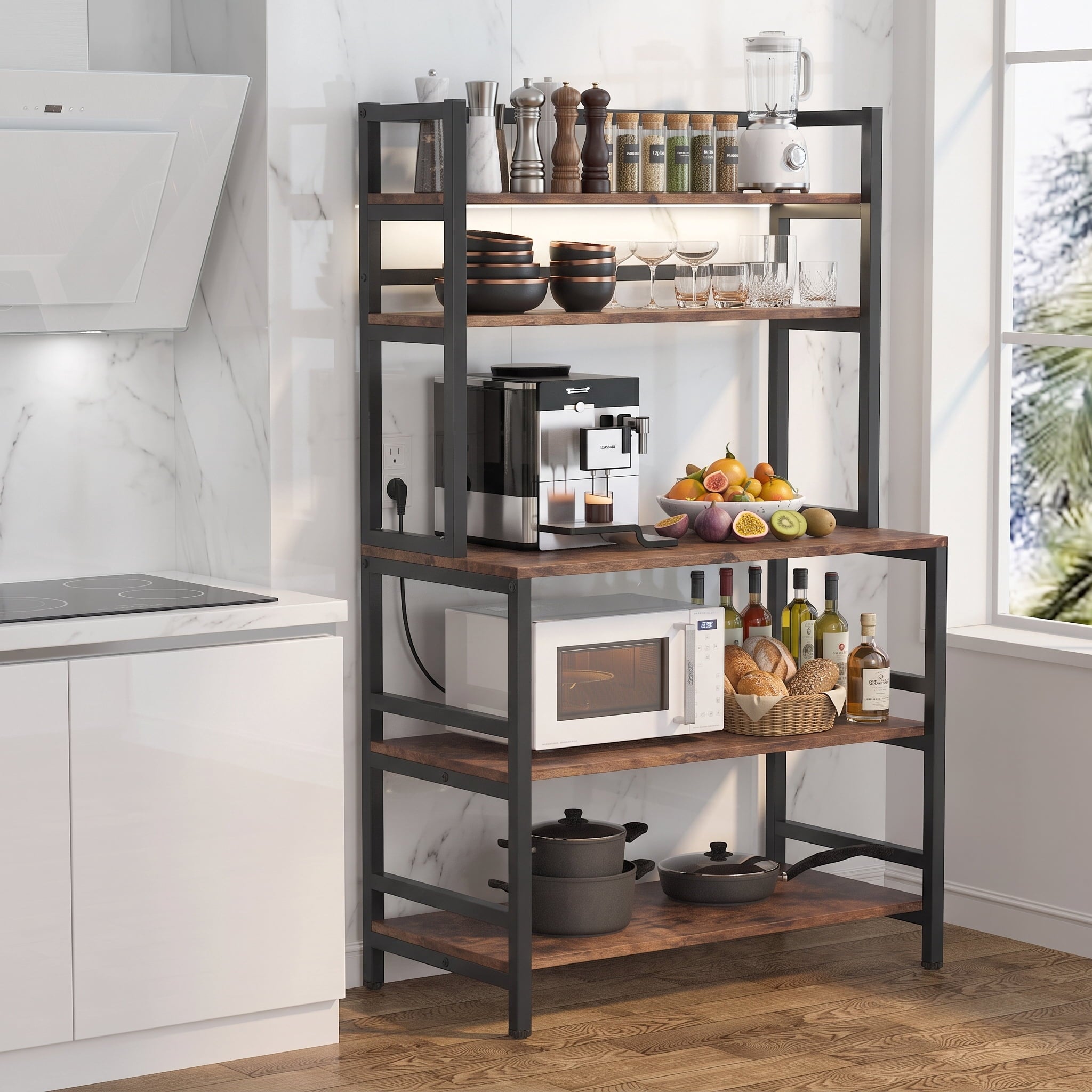 Fnova 5-Tier Kitchen Bakers Rack with Microwave Oven Stand Kitchen Storage Shelf, Coffee Bar Station Island Table for Pots Spices Pans, Rustic Brown