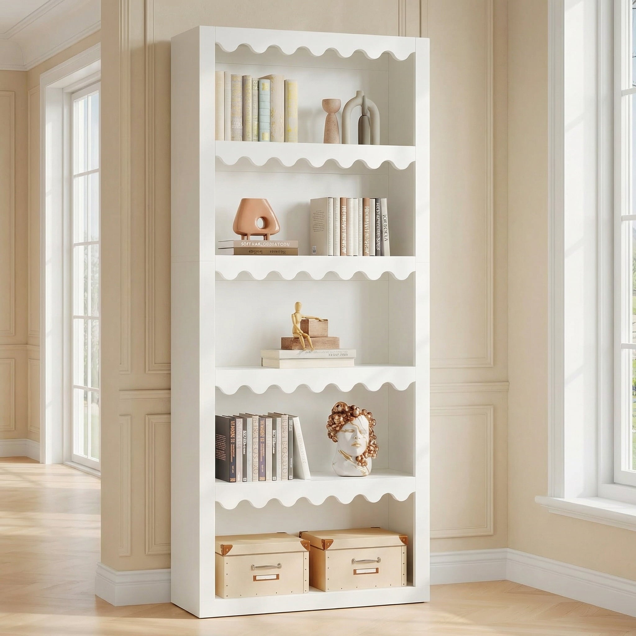 Fnova 5-Tier Open Bookcase, 70" Tall Bookshelf with Scalloped Edges, Modern Display Shelves Storage Organizer for Living Room, Home Office, White