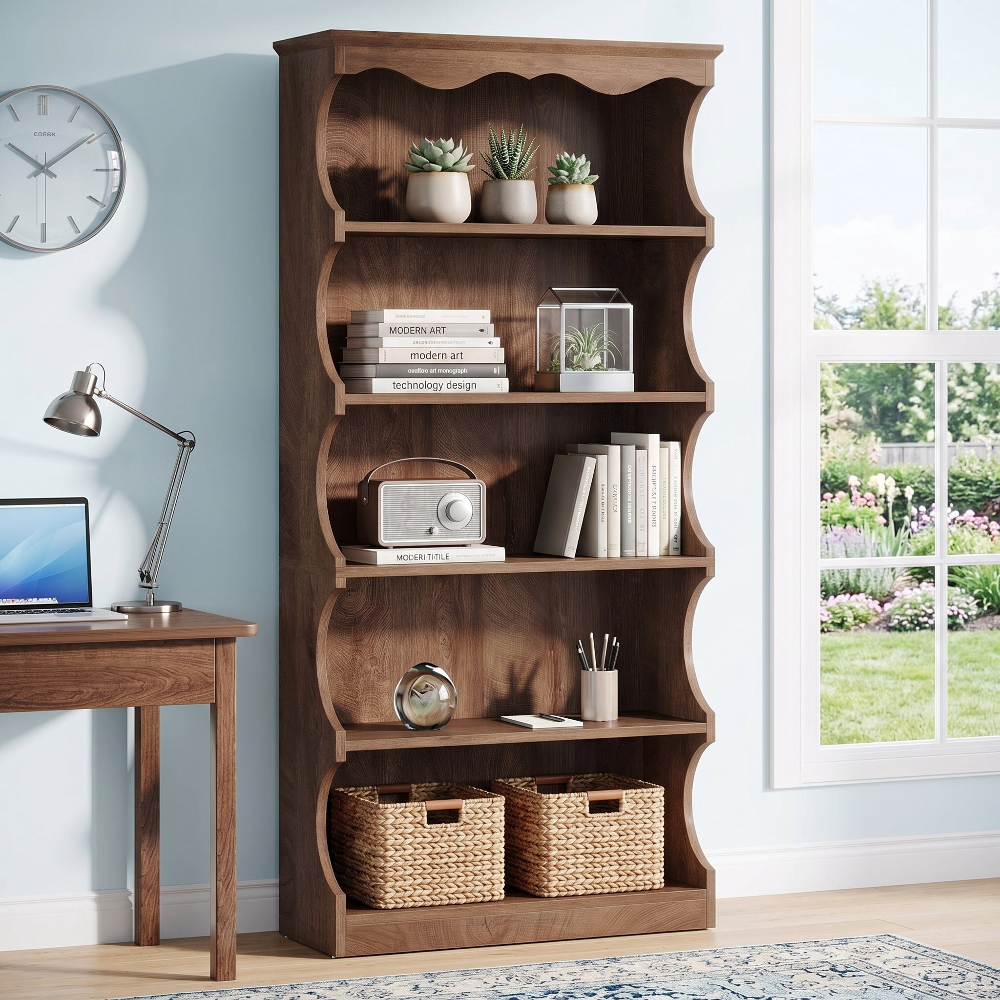 Fnova 5-Tier Tall Bookcase, 70" Wooden Bookshelf with Unique Curved-Edge Design, Freestanding Display Rack for Living Room Office Home, Rustic Brown