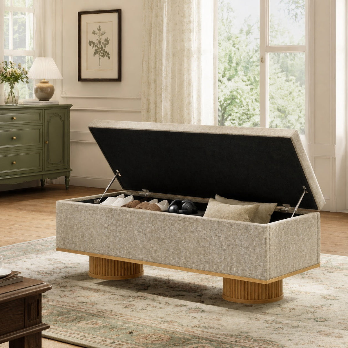 Fnova 50" Upholstered Shoe Bench with Flip Up Storage, Storage Bench with Padded Seat Cushion for Bedroom, Living Room, Beige