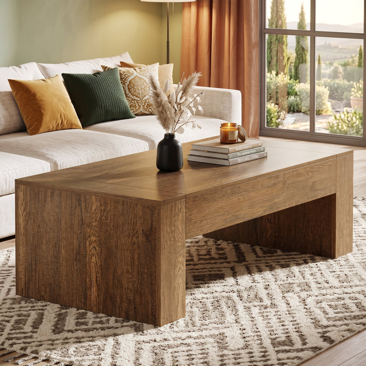 Fnova 51-Inch Farmhouse Coffee Table, Rectangular Wooden Center Table with Sturdy Base, Rustic Brown Accent Table for Living Room, Reception Area