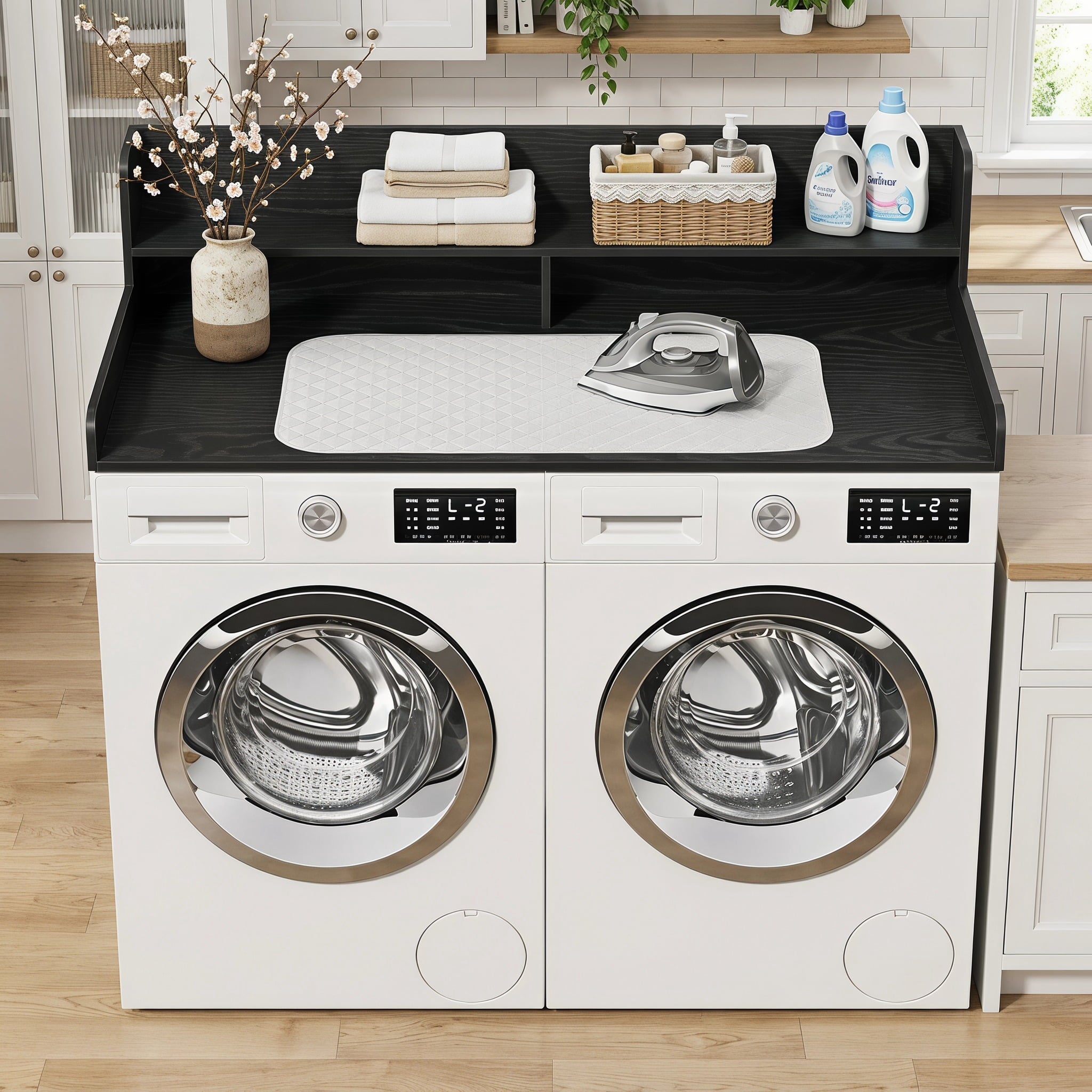 Fnova 54" 2-Tier Washer Dryer Countertop with Ironing Mat, Laundry Topper Organization with Storage Shelf, Waterproof, Stain-Resistant, Black