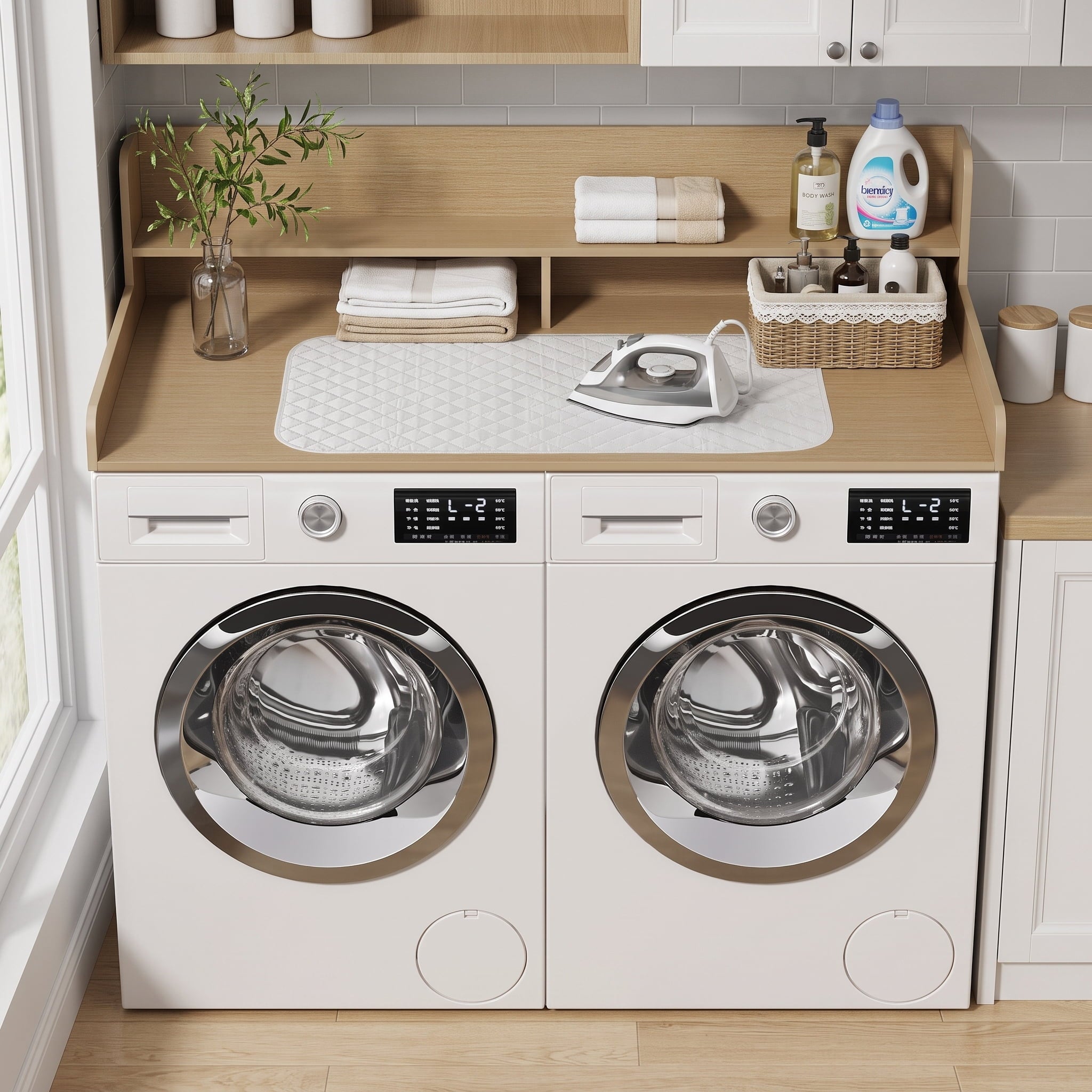 Fnova 54" 2-Tier Washer Dryer Countertop with Ironing Mat, Laundry Topper Organization with Storage Shelf, Waterproof, Stain-Resistant, Oak