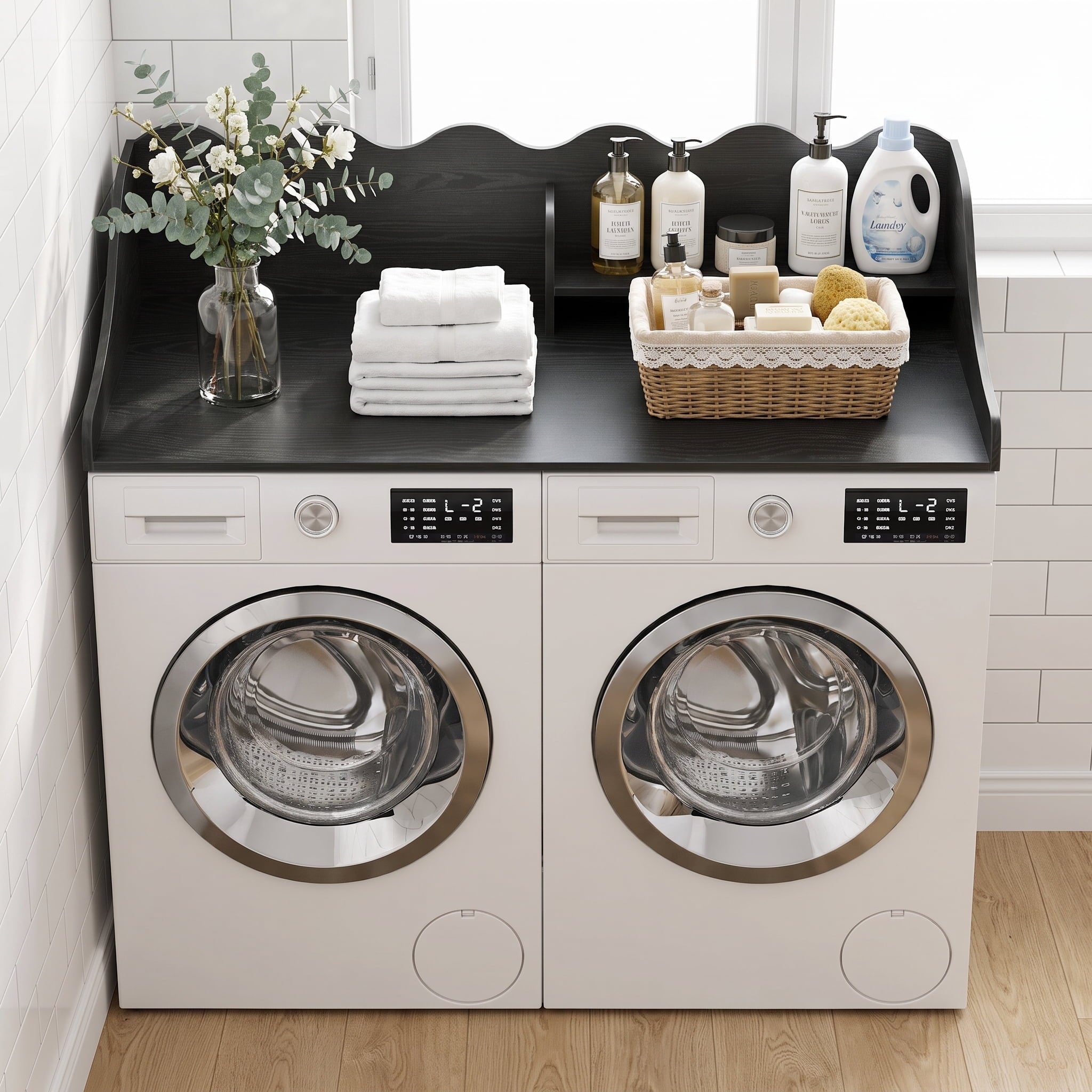 Fnova 54" 2-Tier Washer Dryer Countertop with Storage Shelf, Laundry Topper Organization with Non-Slip Pads, Waterproof, Stain-Resistant, Black