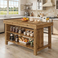 Fnova 55" 3-Tier Solid Wood Kitchen Island with Storage Shelf, Farmhouse Wooden Stationary Island Table with Large Worktop for Kitchen, Dining Room, Brown