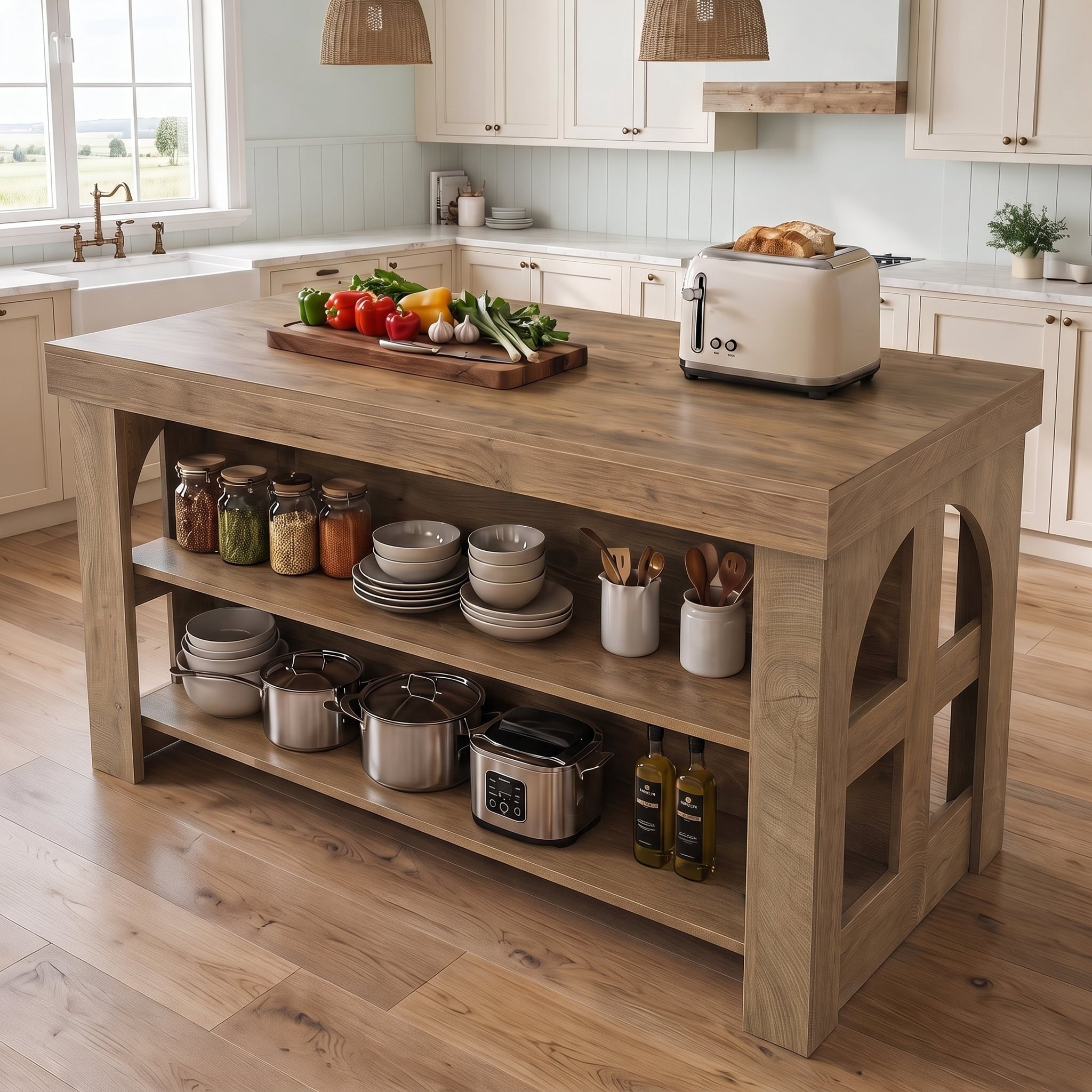 Fnova 55" Farmhouse Kitchen Island with Storage, 3-Tier Large Stationary Center Island with Leg Room for Kitchen, Dining Room, Brown