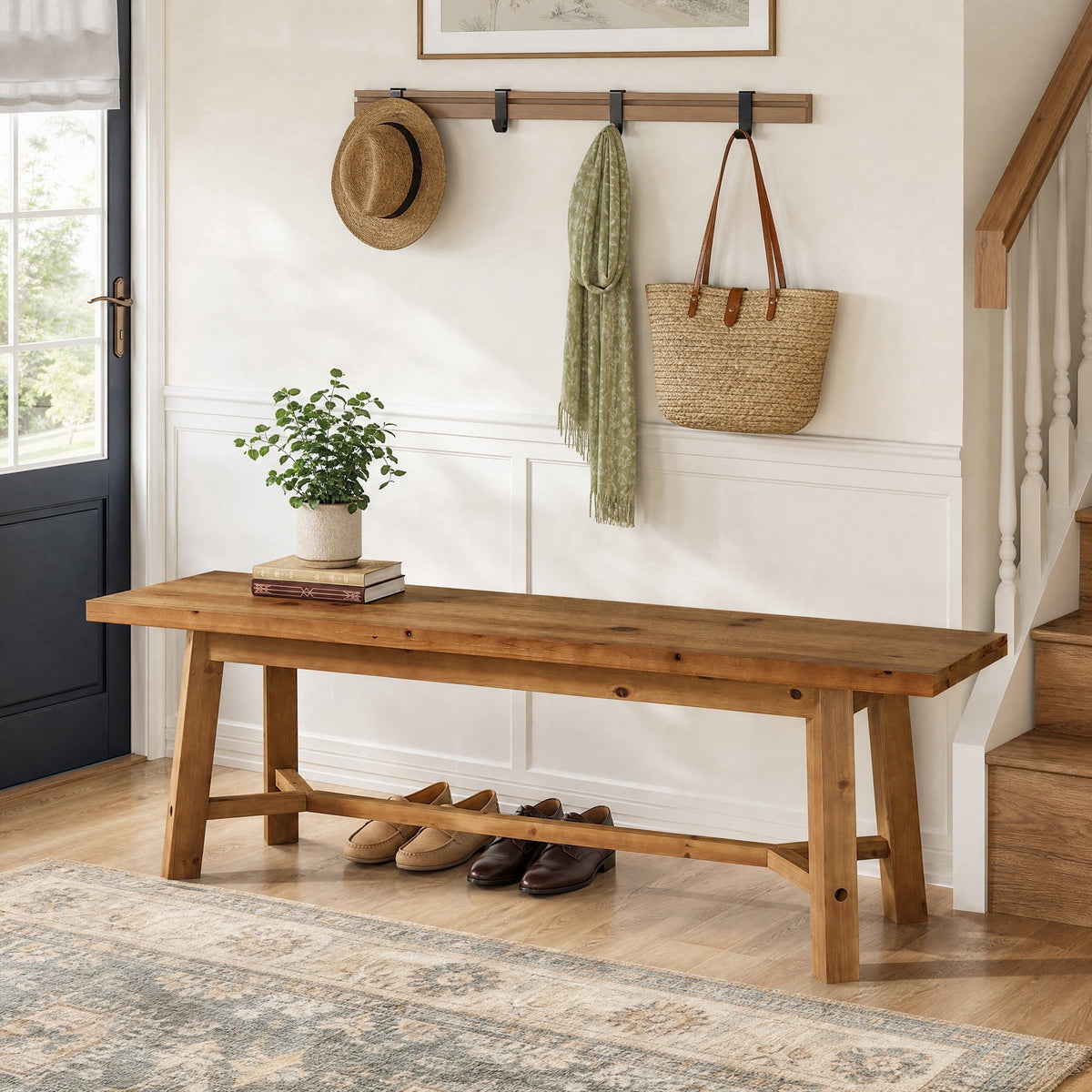 Fnova 55" Farmhouse Solid Wood Bench , Wooden Bench for Dining Room, Bedroom, Easy Assembly, Brown