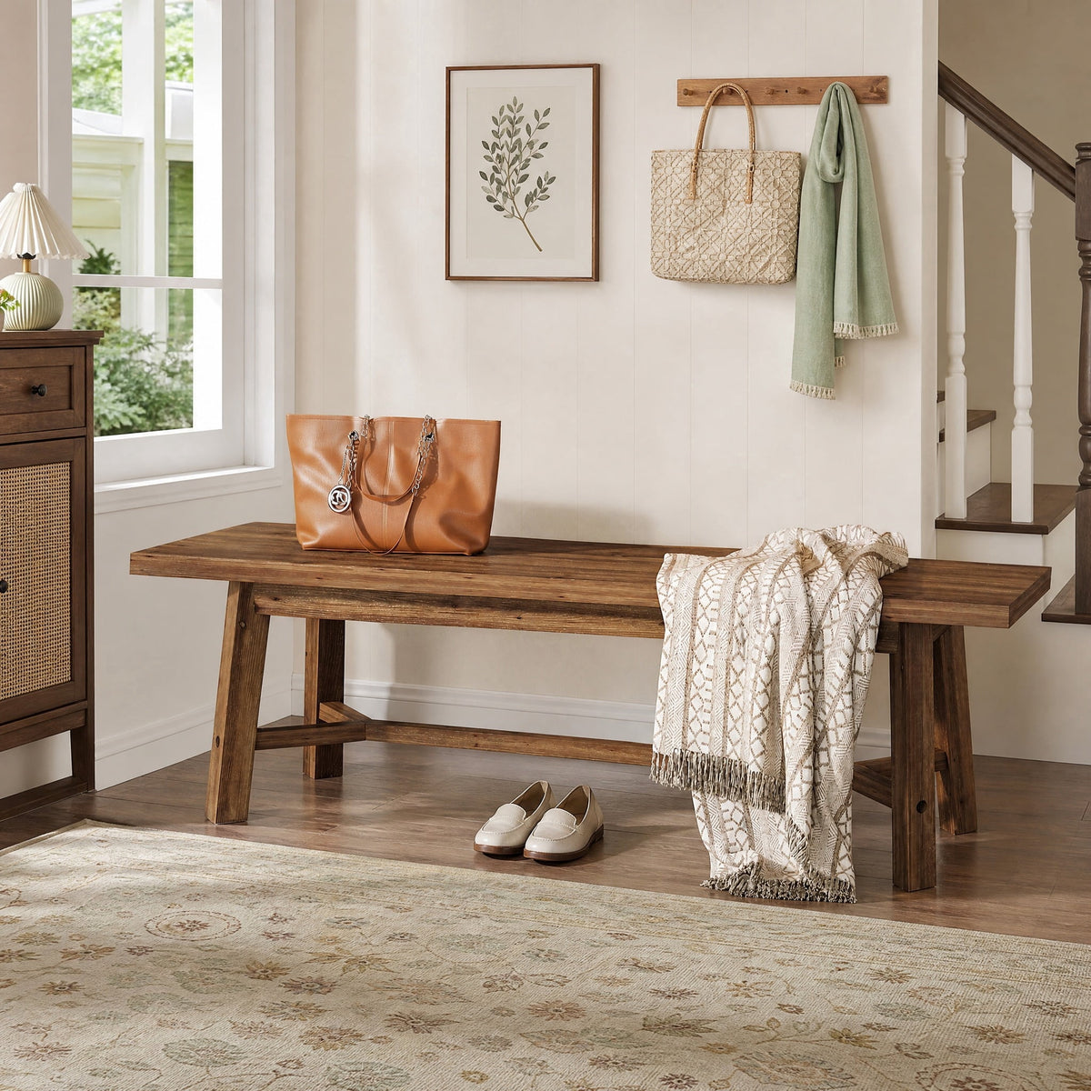 Fnova 55" Farmhouse Solid Wood Bench , Wooden Bench for Dining Room, Bedroom, Easy Assembly, Dark Brown