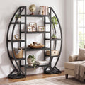 Fnova 55" Industrial Oval Bookshelf, 5 Tier Bookcase with Metal Frame, Black Display Shelf for Living Room, Home Office