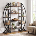 Fnova 55" Industrial Oval Bookshelf, 5 Tier Bookcase with Metal Frame, Rustic Wood Display Shelf for Living Room, Home Office
