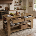 Fnova 55" Kitchen Island with 2 Drawers, Farmhouse 3-Tier Breakfast Station Island Table with Seating, Counter Height Bar Table with Shelves for Dining Room, Brown