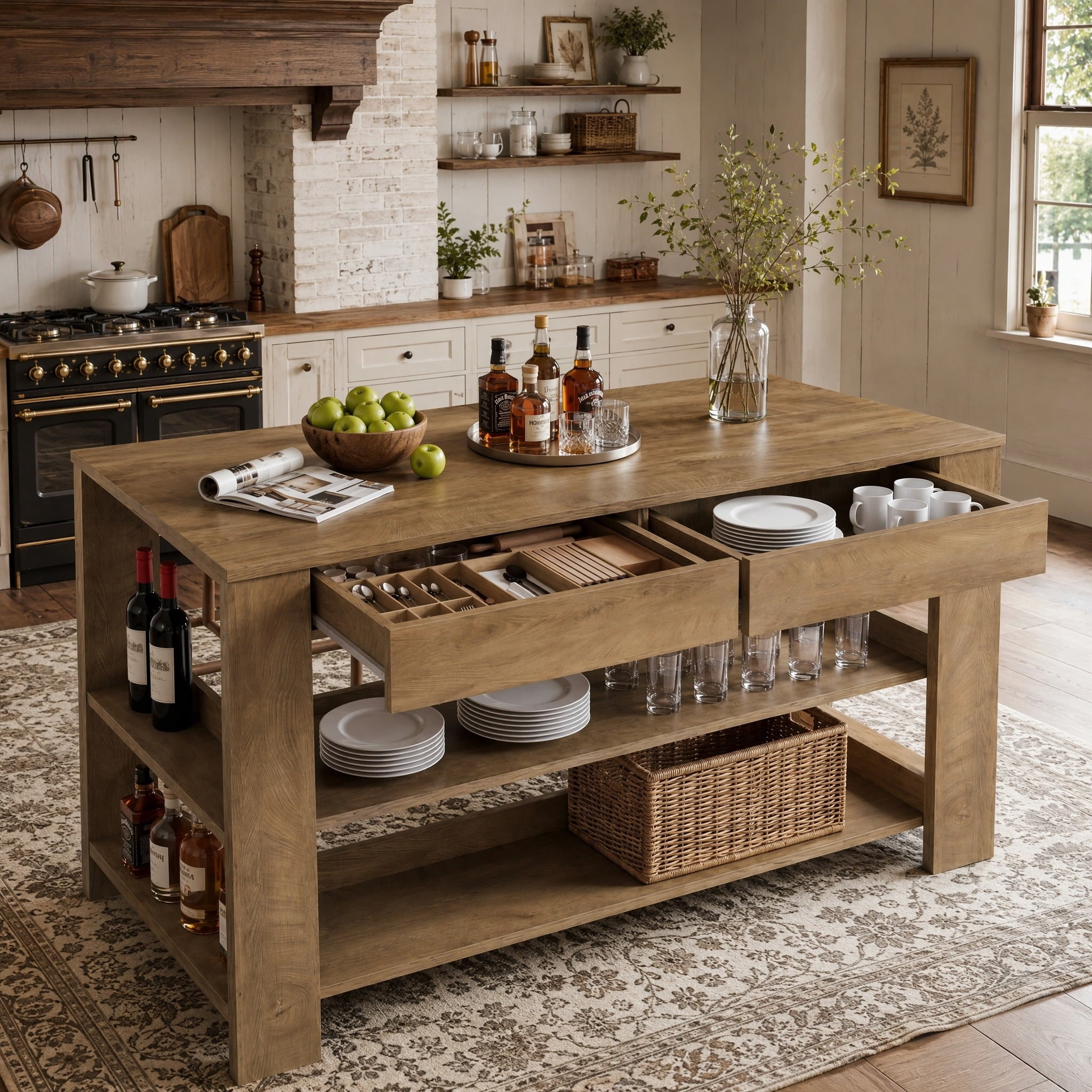 Fnova 55" Kitchen Island with 2 Drawers, Farmhouse 3-Tier Breakfast Station Island Table with Seating, Counter Height Bar Table with Shelves for Dining Room, Brown