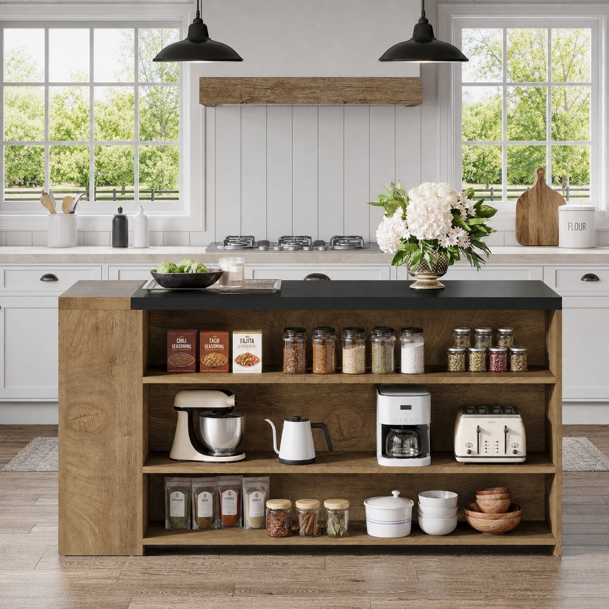 Fnova 55" Kitchen Island with 5 Shelves, Farmhouse Stationary Island Table, Large Stationary Storage Cabinet for Kitchen Dining Room, Vintage Brown