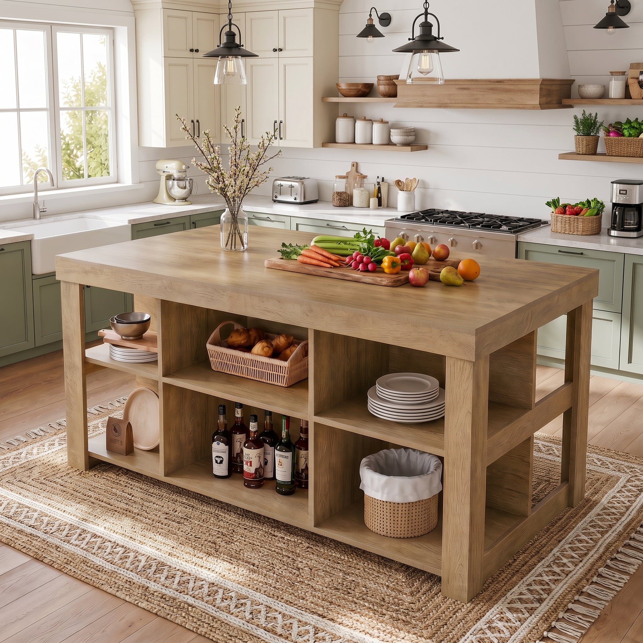 Fnova 55" Kitchen Island with 6 Storage Cubbies, Farmhouse 3-Tier Stationary Island Table with Large Countertop for Kitchen Dining Room, Brown