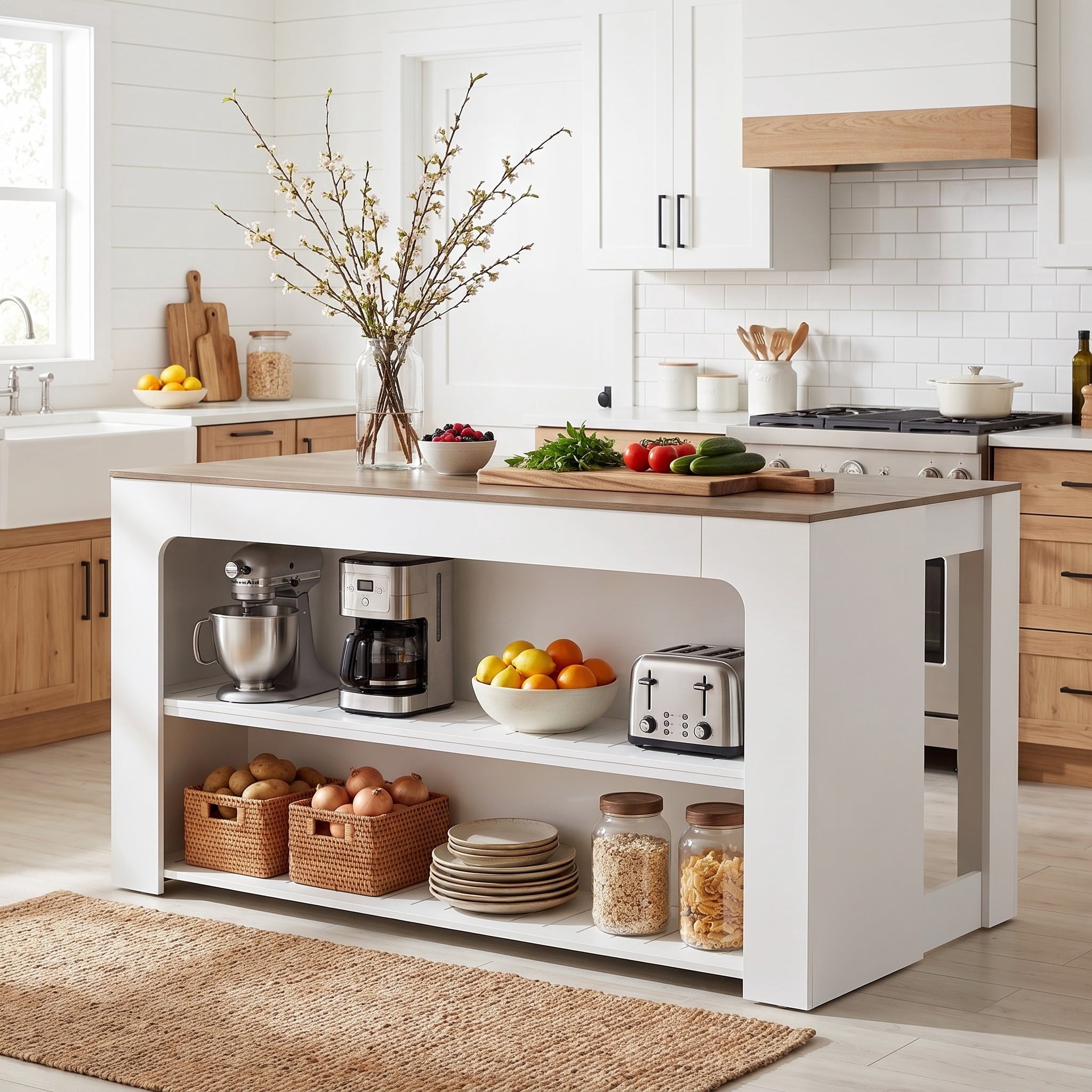 Fnova 55" Kitchen Island with Storage & Leg Room, 3-Tier Modern Stationary Island Table with Large Worktop, White & Brown