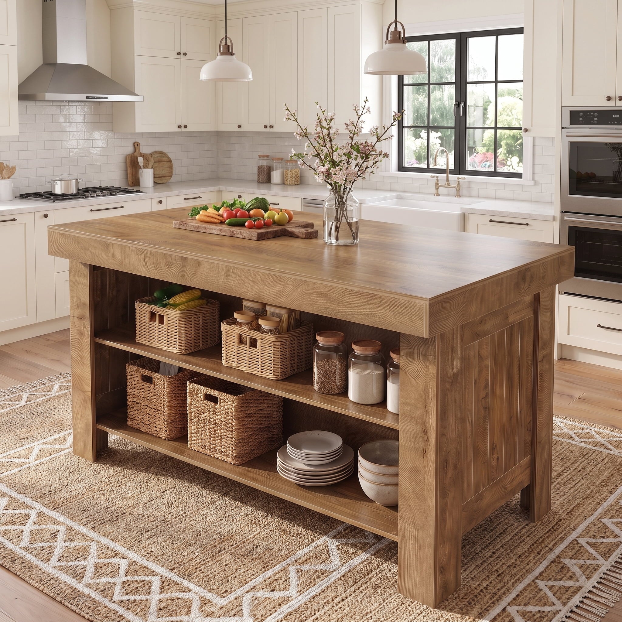 Fnova 55" Kitchen Island with Storage Shelves, 3-Tier Modern Wooden Stationary Island with Seating, Large Worktop Buffet Cabinet for Kitchen, Brown