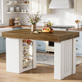 Fnova 55" Kitchen Island with Storage Shelves, Farmhouse Stationary Island Table with Large Countertop for Kitchen, Living Room, Brown & White