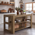 Fnova 55" Kitchen Island with Storage and Leg Room, Farmhouse 3-Tier Island Table with Large Countertop for Kitchen Dining Room, Brown