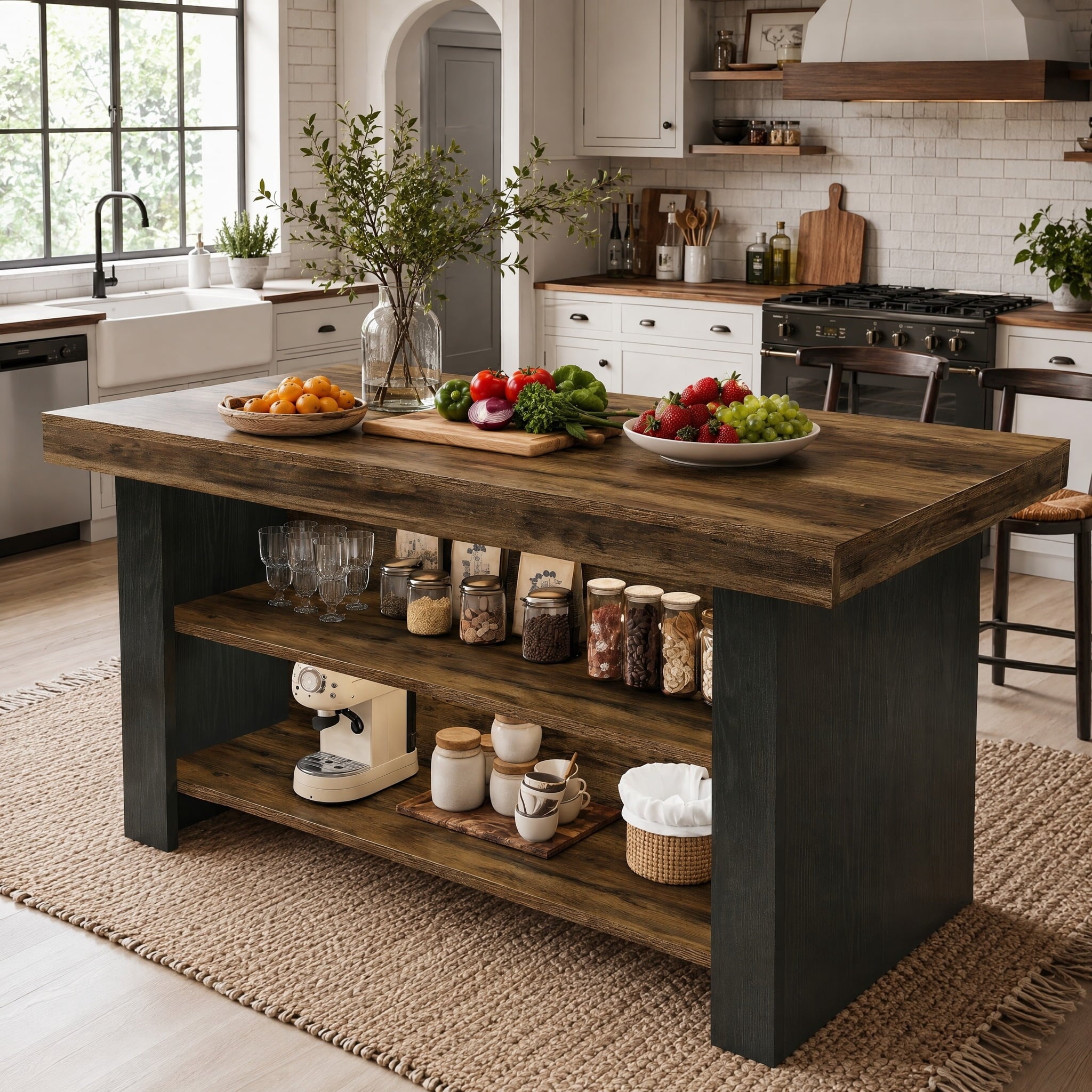 Fnova 55" Large Kitchen Island with Storage, 3-Tier Farmhouse Wood Top Storage Island Table for Kitchen, Brown & Black