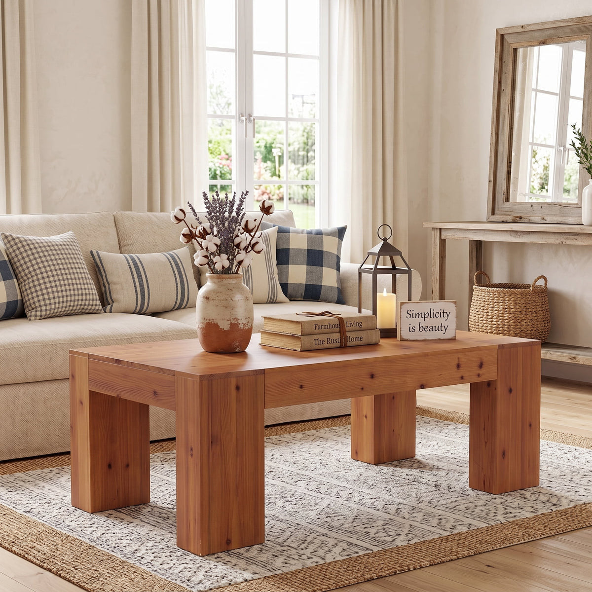 Fnova 55" Solid Wood Coffee Table, Modern Farmhouse Center Table with Heavy-Duty Legs, Large Rectangle Coffee Table for Living Room, Office, Dark Brown