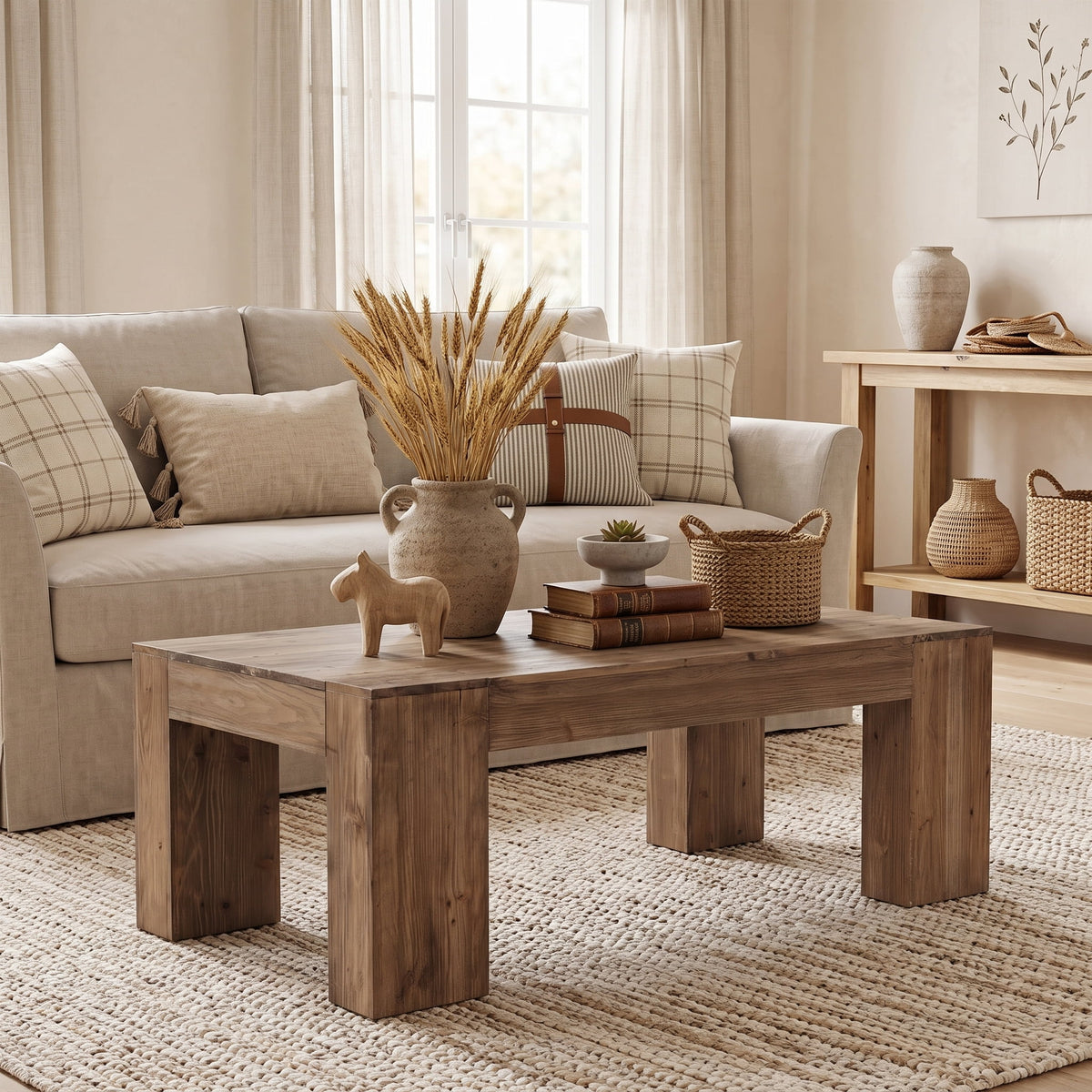 Fnova 55" Solid Wood Coffee Table, Modern Farmhouse Wooden Center Table with Heavy-Duty Legs, Large Rectangle Coffee Table for Living Room, Office, Brown