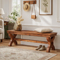 Fnova 55" Solid Wood Entryway Bench, Farmhouse End of Bed Bench for Hallway, Living Room, Brown