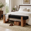 Fnova 55" Solid Wood Entryway Bench, Farmhouse End of Bed Bench for Living Room, Black & Brown