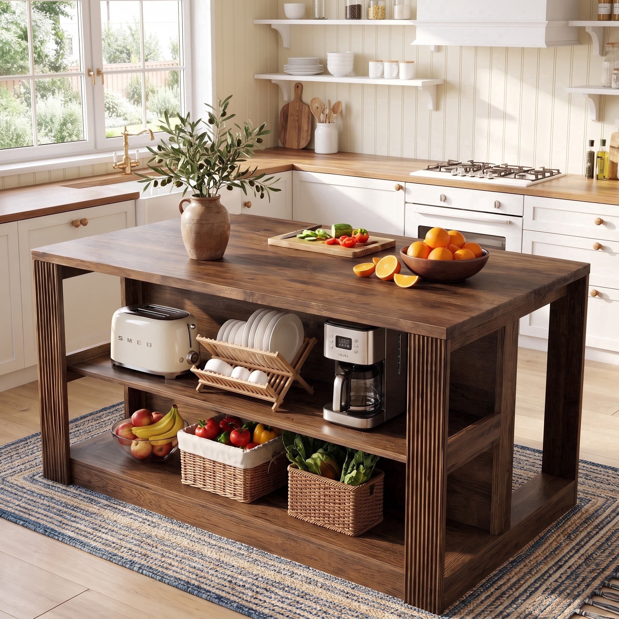 Fnova 55" Solid Wood Kitchen Island Table with Storage, Farmhouse Island Table with 2-Tier Open Shelves for Kitchen, Dining Room, Dark Brown