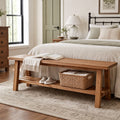 Fnova 55" Solid Wood Shoe Bench with Slatted Shelf, 2-Tier Farmhouse Entryway Bench for Hallway, Brown